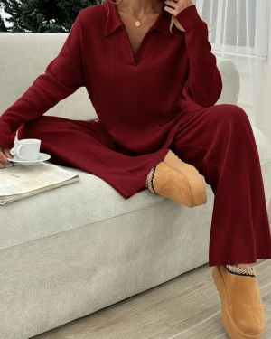 Kadın Uzun Kollu V Yakalı şardonlu Kaşkorse Bluz Ve Pantolon Ikili Takım