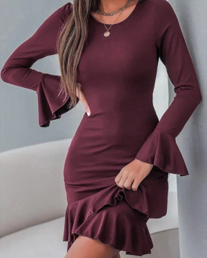 Kadın Uzun Kollu Yuvarlak Yaka Fırfırlı Kol Ucu Volanlı Janjan Krep Mini Elbise