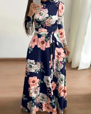 Kadın Uzun Kollu Yuvarlak Yakalı Beli Kuşaklı Desenli Süprem Uzun Elbise