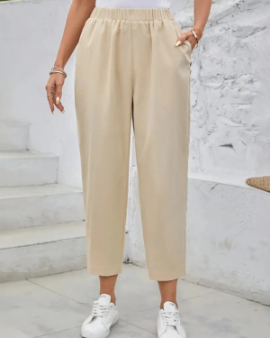 Kadın Yüksek Bel Yandan Cepli Düğme Detaylı Geniş Kesim Ithal Krep Pantolon