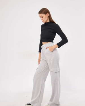 Kargo Cepli Palazzo Oversize Kesim İki Iplik Bol Paça Eşofman Altı Pantalon - Gri