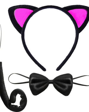 Kedi Kulak Taç Kuyruk ve Papyon 3 lü Set Çocuk Boy Fuşya Renk