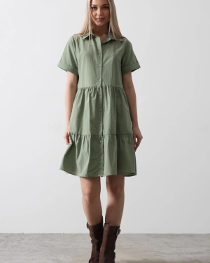 Kısa Kol Düğmeli Elbise - Haki