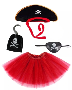 Korsan Kostüm Seti Kız Çocuk - Şapka, Etek, Kanca, Göz Maskesi