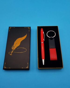 Kutulu Kırmızı Deri Anahtarlık ve Touchpen Tükenmez Kalem Hediye Seti