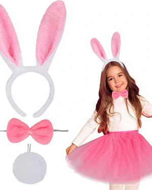 Pembe Tavşan Tacı Etek Papyon Kuyruk Kostüm Seti Çocuk Boy