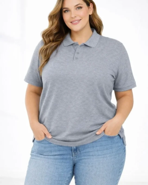 Pike Kumaş Düğmeli Yaka Battal Büyük Beden Günlük Kısa Kol Tişört T-shirt - Gri