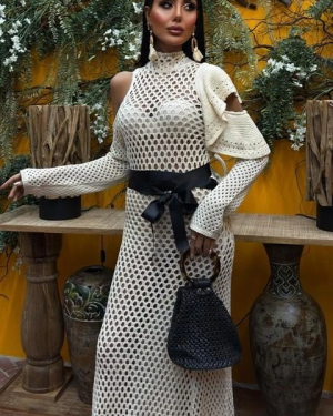 Saten Kuşaklı Ajurlu Triko Elbise 2847