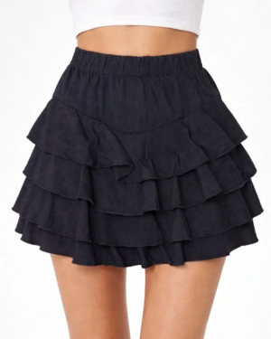 Siyah Katlı Mini Fırfıtlı Etek Lastikli Yüksel Bel, Volanlı Tasarım, Rahat Kalıp, Günlük Ve Şık Kombinelere Uygun Yazlık Etek - Siyah
