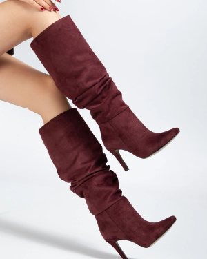 SYT-2003 Bordo Süet Körüklü İnce Topuklu Günlük Bayan Çizme