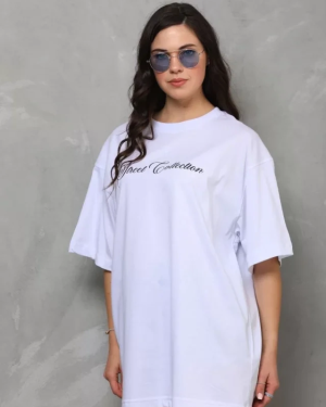 Unisex Bisiklet Yaka Baskılı Oversize T-Shirt - Beyaz