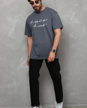 Unisex Bisiklet Yaka Baskılı Oversize T-Shirt - Füme
