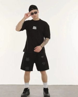 Unisex Bisiklet Yaka Baskılı Oversize T-Shirt - Siyah