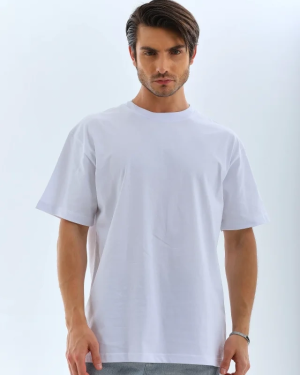 Unisex Oversize Düz Bisiklet Yaka T-Shirt - Beyaz