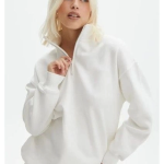 Unisex Uzun Kol Yarım Farmuarlı Yakalı Basic SweatShirt - Beyaz