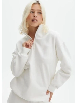 Unisex Uzun Kol Yarım Farmuarlı Yakalı Basic SweatShirt - Beyaz