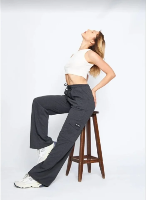 Yüksek Bel Kargo Cepli Palazzo Pantolon Oversize Bol Paça İki İplik Rahat Kesim - Antrasit