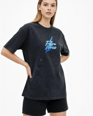 Asit Yıkamalı Oversize Tişört Future Worlds Baskılı Bisiklet Yaka Kısa Kollu Streetwear %100 Pamuk Street Style T-Shirt - Siyah