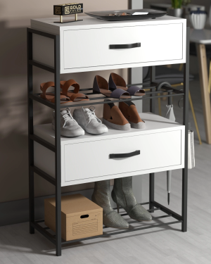 Ayakkabılık Ahşap 2 Kapaklı Metal Raflı 4 Katlı Çok Amaçlı Beyaz