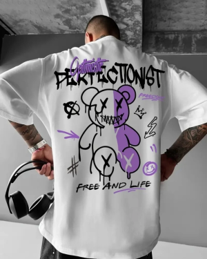 Baskılı Oversize Bisiklet Yaka T-shirt - Beyaz