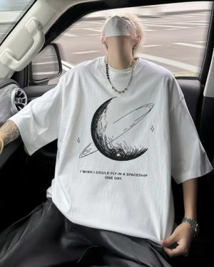 Baskılı Oversize Bisiklet Yaka T-shirt - Beyaz