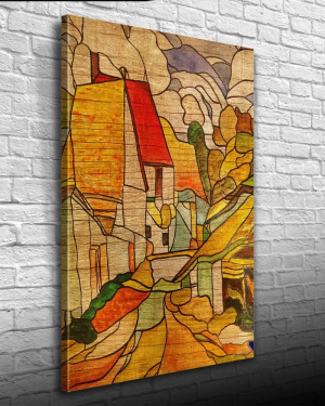 Bej ve Kavuniçi Renklerde Köy Tasviri Kanvas Tablo 50 x 70