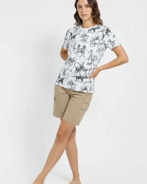 Beyaz Dinozor Desenli Tişört – Regular Kalıp, Bisiklet Yaka, Dijital Baskılı Pamuklu T-Shirt - Beyaz