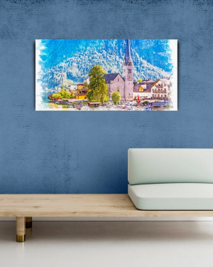 Dağ ve göl temalı Kasaba Yağlıboya Görünümlü Kanvas Tablo 60 x 120