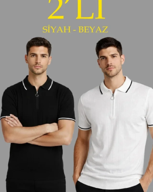 Erkek 2’li Paket Dokuma Triko  Fermuarlı Yakalı Fitilli Kısa Kollu Regular Fit Tişört - Beyaz - Siyah