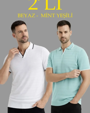 Erkek 2’li Paket Triko Yakalı Düğmesiz Açık Yaka Fitilli Kısa Kollu Regular Fit Tişört - Beyaz - Mint Yeşili