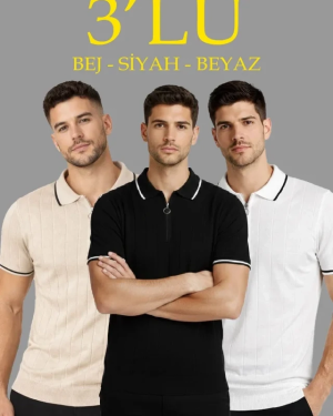 Erkek 3’lü Paket Dokuma Triko  Fermuarlı Yakalı Fitilli Kısa Kollu Regular Fit Tişört - Bej, Beyaz, Siyah