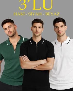 Erkek 3’lü Paket Dokuma Triko  Fermuarlı Yakalı Fitilli Kısa Kollu Regular Fit Tişört - Beyaz, Haki, Siyah
