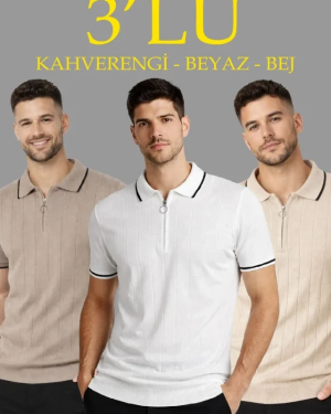 Erkek 3’lü Paket Dokuma Triko  Fermuarlı Yakalı Fitilli Kısa Kollu Regular Fit Tişört - Kahverengi, Beyaz, Bej