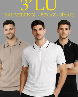 Erkek 3’lü Paket Dokuma Triko  Fermuarlı Yakalı Fitilli Kısa Kollu Regular Fit Tişört - Kahverengi, Beyaz, Siyah
