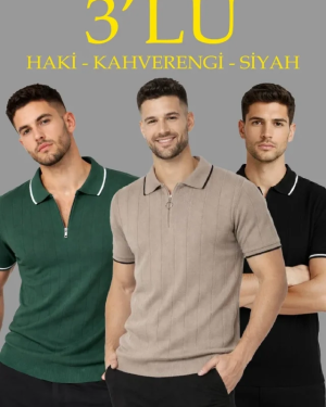 Erkek 3’lü Paket Dokuma Triko  Fermuarlı Yakalı Fitilli Kısa Kollu Regular Fit Tişört - Kahverengi, Haki, Siyah
