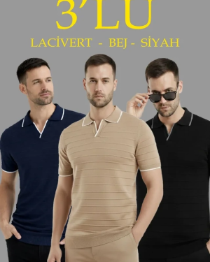 Erkek 3’lü Paket Triko Yakalı Düğmesiz Açık Yaka Fitilli Kısa Kollu Regular Fit Tişört - Lacivert, Bej, Siyah