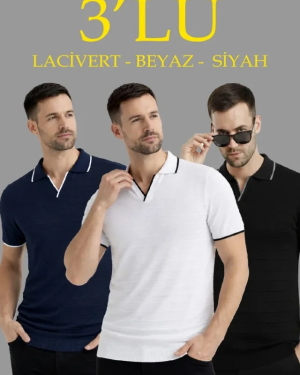 Erkek 3’lü Paket Triko Yakalı Düğmesiz Açık Yaka Fitilli Kısa Kollu Regular Fit Tişört - Siyah, Beyaz, Lacivert