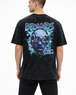 Erkek Asit Yıkamalı Oversize Tişört Future Worlds Baskılı Bisiklet Yaka Kısa Kollu Streetwear %100 Pamuk Street Style T-Shirt - Siyah