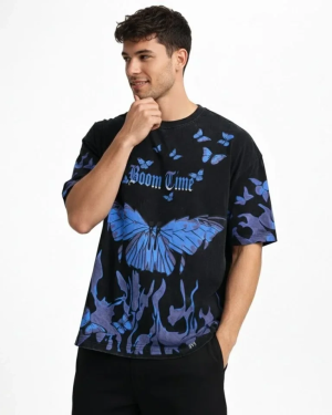 Erkek Asit Yıkamalı Oversize Tişört Mavi Kelebek Baskılı Dijital Print Bisiklet Yaka Streetwear T-Shirt - Siyah