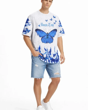 Erkek Asit Yıkamalı Oversize Tişört Mavi Kelebek Baskılı Dijital Print Bisiklet Yaka Streetwear T-Shirt - Beyaz
