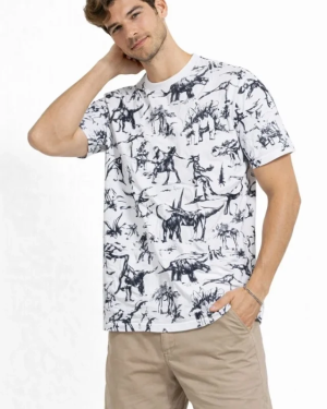 Erkek Beyaz Dinozor Desenli Tişört – Regular Fit, Bisiklet Yaka, Dijital Baskılı Pamuklu T-Shirt - Beyaz