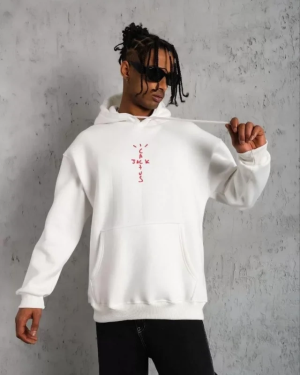 Erkek Kordonlu Arka Maske Kordon Saçlı Kapüşonlu - Beyaz