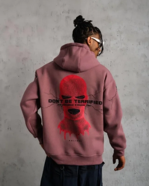 Erkek Maske Baskılı Kapüşonlu Sweat - Gül Kurusu