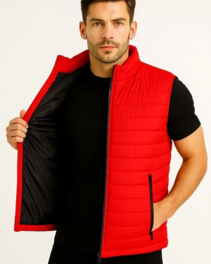 Erkek Şişme Fermuarlı Yelek Su Itici Kapitone Astarlı Kumaş Cepli Hafif Kışlık Spor Rahat Kalıp - Kırmızı