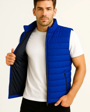 Erkek Şişme Fermuarlı Yelek Su Itici Kapitone Astarlı Kumaş Cepli Hafif Kışlık Spor Rahat Kalıp - Saks Mavisi