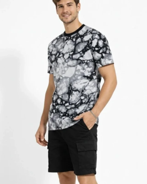 Erkek Siyah Gri Taş Desenli Tişört – Regular Fit, Bisiklet Yaka, Dijital Baskılı Modern Tasarım T-Shirt - Siyah