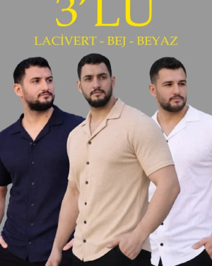 Erkek Waffle Dokuma Açık Yakalı Düğmeli Regular Kalıp 3’lü Gömlek Seti - Bej, Beyaz, Lacivert