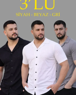 Erkek Waffle Dokuma Açık Yakalı Düğmeli Regular Kalıp 3’lü Gömlek Seti - Siyah, Beyaz, Gri