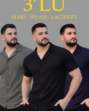 Erkek Waffle Dokuma Açık Yakalı Düğmeli Regular Kalıp 3’lü Gömlek Seti - Siyah, Haki, Lacivert