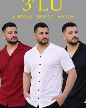 Erkek Waffle Dokuma Açık Yakalı Düğmeli Regular Kalıp 3’lü Gömlek Seti - Siyah, Kırmızı, Beyaz